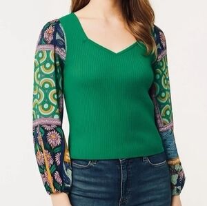 Bailey 44 Green Balloon Long Abstract Patchwork Style Sleeve Ribbed Crop Blouse